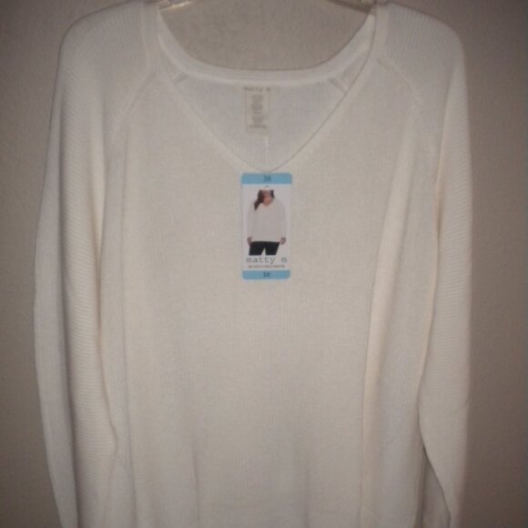 Matty M Women's Plus Size 3X Ivory Rib Stitch V Neck Sweater NWT - Picture 2 of 5
